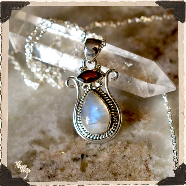 LIMITED EDITION MOONSTONE & GARNET NECKLACE . For Feminine, Lunar, Passion. Sterling Silver.