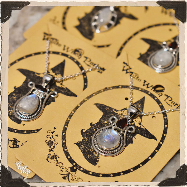 LIMITED EDITION MOONSTONE & GARNET NECKLACE . For Feminine, Lunar, Passion. Sterling Silver.