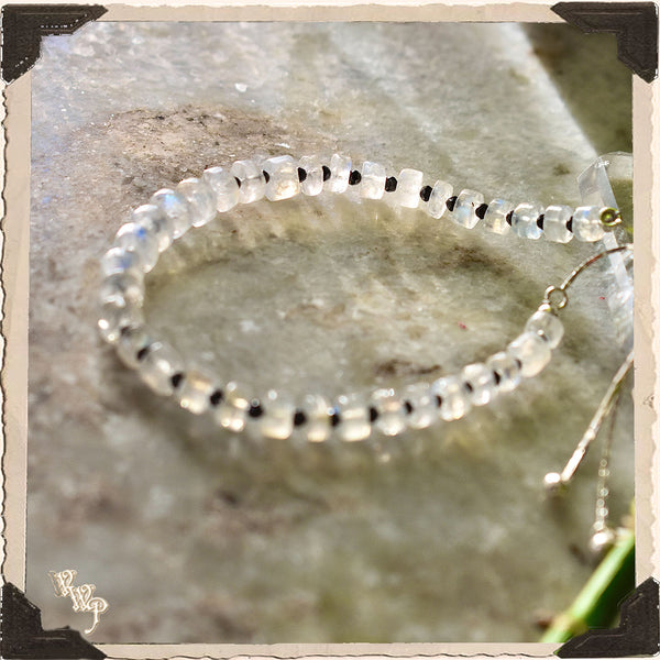 LIMITED EDITION : MOONSTONE & ONYX BRACELET . For Feminine, Lunar & Protection. Sterling Silver.