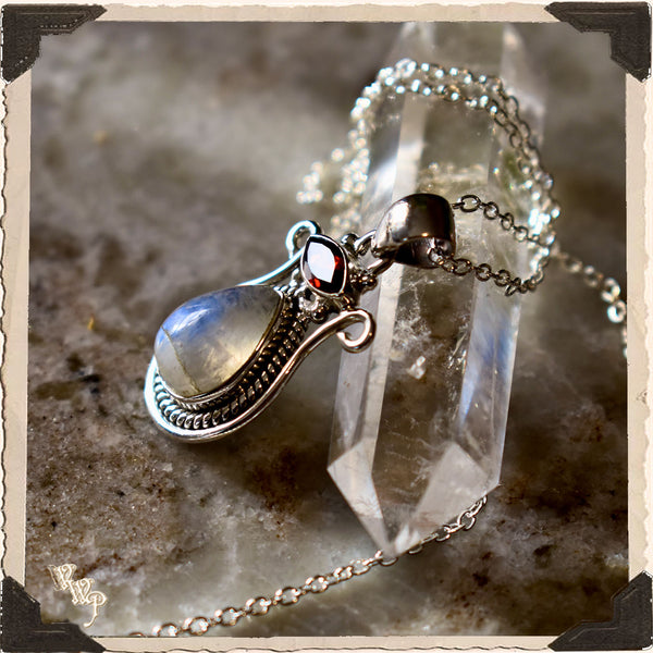 LIMITED EDITION MOONSTONE & GARNET NECKLACE . For Feminine, Lunar, Passion. Sterling Silver.