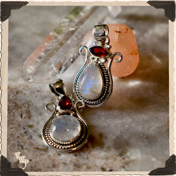 LIMITED EDITION MOONSTONE & GARNET NECKLACE . For Feminine, Lunar, Passion. Sterling Silver.