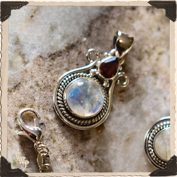 LIMITED EDITION MOONSTONE & GARNET NECKLACE . For Feminine, Lunar, Passion. Sterling Silver.