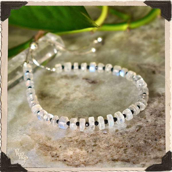 LIMITED EDITION : MOONSTONE & ONYX BRACELET . For Feminine, Lunar & Protection. Sterling Silver.