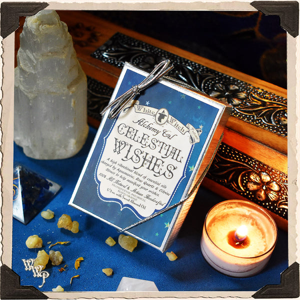 CELESTIAL WISHES All Natural Alchemy Oil 1/3oz. Frankincense, Patchouli, Blood Orange. Blessed by Aquamarine, Rose Quartz & Citrine Stones. For Manifestation. White Witch Parlour