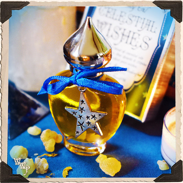 CELESTIAL WISHES All Natural Alchemy Oil 1/3oz. Frankincense, Patchouli, Blood Orange. Blessed by Aquamarine, Rose Quartz & Citrine Stones. For Manifestation.