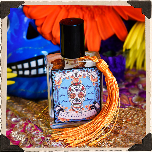 LIFE CELEBRATION OIL. 1/2 oz. For Dia De Los Muertos, Day of the Dead, Samhain.