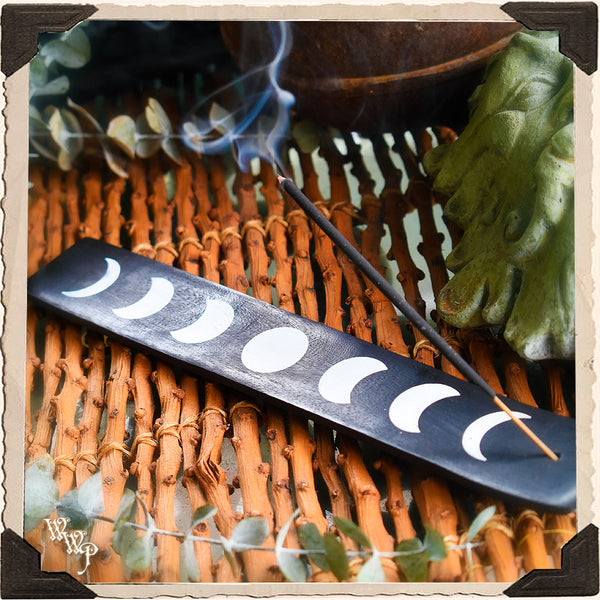 MOON PHASES WOODEN INCENSE SLED. Incense Stick Holder.