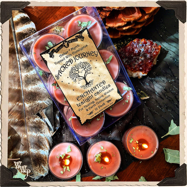 SACRED JOURNEY TEALIGHT CANDLES. 12 Pack. For Healing, Nature Wisdom & Earth Connection. White Witch Parlour