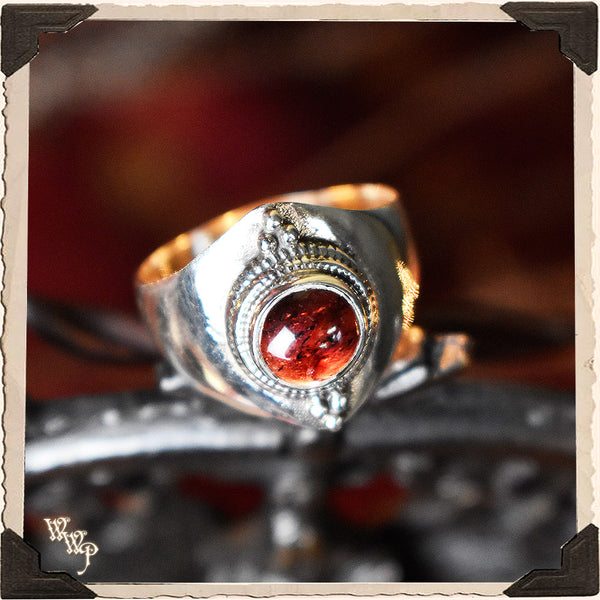 LIMITED EDITION : RED GARNET CUFF RING. For Protection & Witchcraft. Sterling Silver.( SKU:408A ) White Witch Parlour