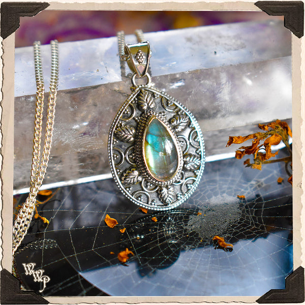 LIMITED EDITION: LABRADORITE CRYSTAL PENDANT NECKLACE. For Moon Healing, Spiritual Strength & Psychic Enhancement. White Witch Parlour
