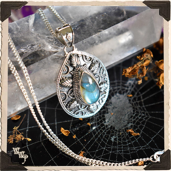 LIMITED EDITION: LABRADORITE CRYSTAL PENDANT NECKLACE. For Moon Healing, Spiritual Strength & Psychic Enhancement. White Witch Parlour