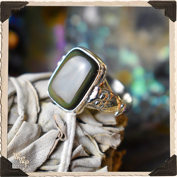 LIMITED EDITION : RAINBOW OBSIDIAN OWL RING. For Power, Protection & Enjoyment.