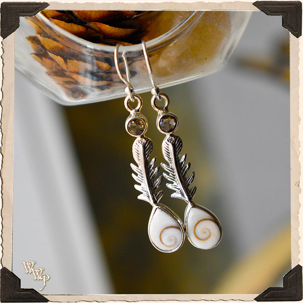 LIMITED EDITION: FIBONACCI FOSSIL SPIRAL FEATHER EARRINGS. For All Life Connection & Earth Energy. White Witch Parlour