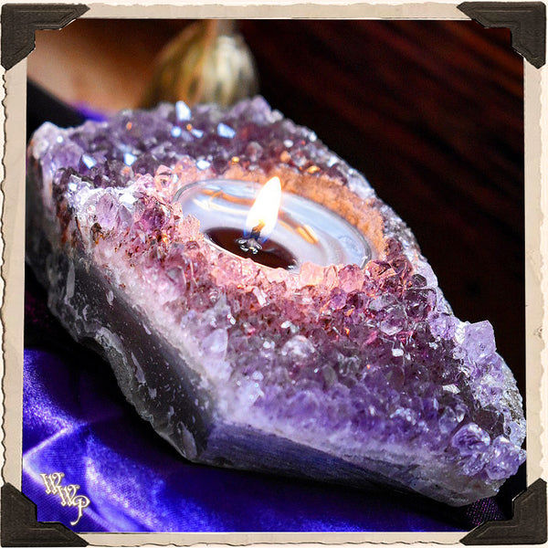 AMETHYST CRYSTAL TEALIGHT CANDLE HOLDER. For Divination & Spiritual Growth. White Witch Parlour