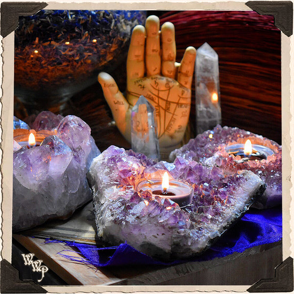 AMETHYST CRYSTAL TEALIGHT CANDLE HOLDER. For Divination & Spiritual Growth. White Witch Parlour