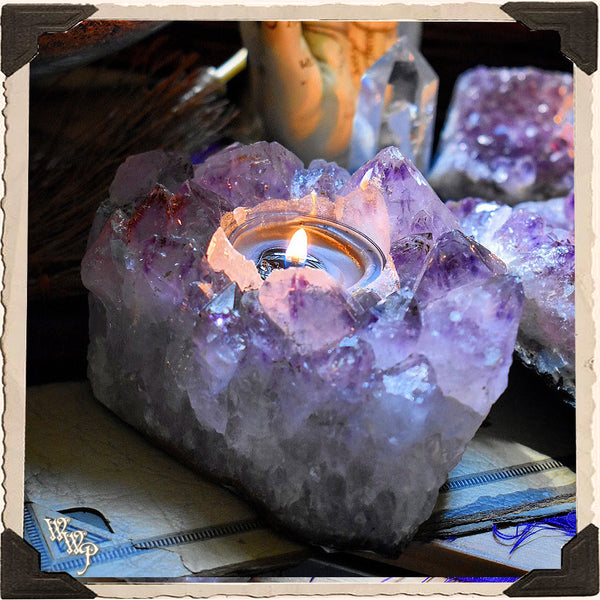 AMETHYST CRYSTAL TEALIGHT CANDLE HOLDER. For Divination & Spiritual Growth. White Witch Parlour