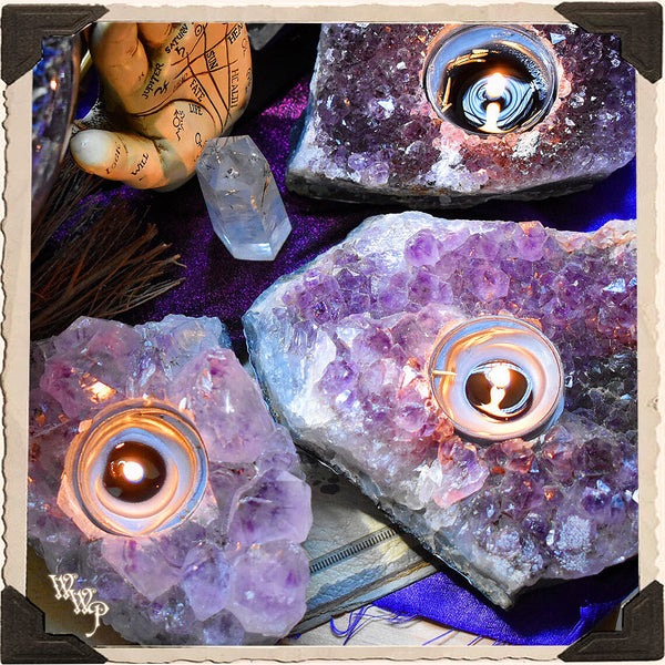 AMETHYST CRYSTAL TEALIGHT CANDLE HOLDER. For Divination & Spiritual Growth. White Witch Parlour