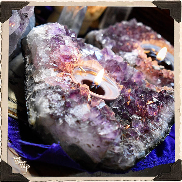 AMETHYST CRYSTAL TEALIGHT CANDLE HOLDER. For Divination & Spiritual Growth. White Witch Parlour