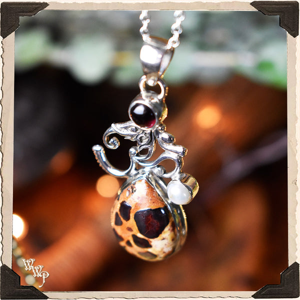 LIMITED EDITION : BAUXITE & GARNET OM NECKLACE. For Strength & Protection. Sterling Silver.( SKU:BR02 ) White Witch Parlour