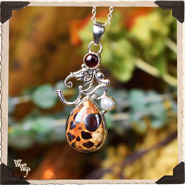 LIMITED EDITION : BAUXITE & GARNET OM NECKLACE. For Strength & Protection. Sterling Silver.( SKU:BR02 ) White Witch Parlour