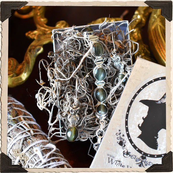 GREEN CAT'S EYE CRYSTAL OWL EARRINGS. For Enhancing Intuition & Spiritual Journey White Witch Parlour