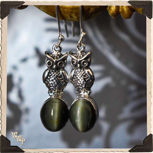 GREEN CAT'S EYE CRYSTAL OWL EARRINGS. For Enhancing Intuition & Spiritual Journey White Witch Parlour