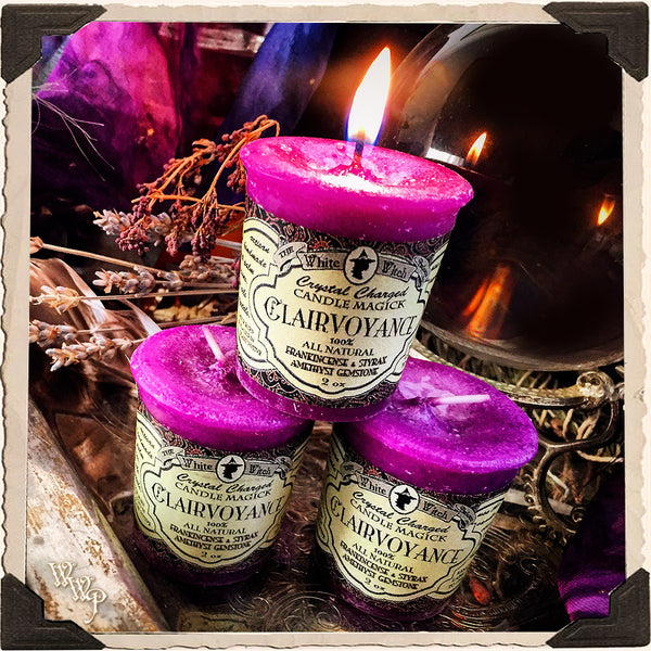 CLAIRVOYANCE VOTIVE CANDLE. All Natural Styrax Resin, Frankincense Essential Oil & Amethyst Crystal White Witch Parlour