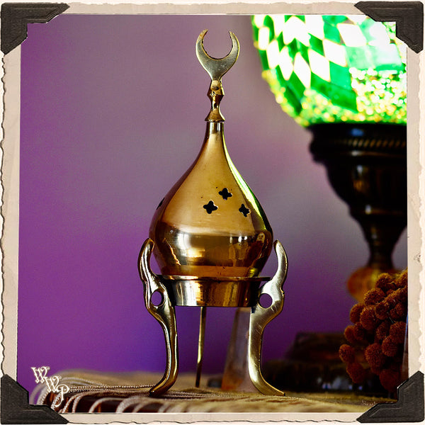 CRESCENT MOON BRASS INCENSE BURNER. Altar Decor Tripod For Cone Incense. White Witch Parlour