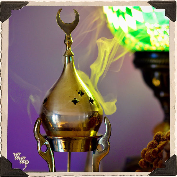 CRESCENT MOON BRASS INCENSE BURNER. Altar Decor Tripod For Cone Incense. White Witch Parlour