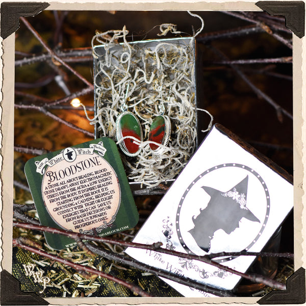 LIMITED EDITION : BLOODSTONE PENDANT EARRINGS. For Grounding, Healing & Generosity. Sterling Silver. (SKU:D2049) White Witch Parlour