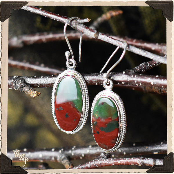 LIMITED EDITION : BLOODSTONE PENDANT EARRINGS. For Grounding, Healing & Generosity. Sterling Silver. (SKU:D2049) White Witch Parlour