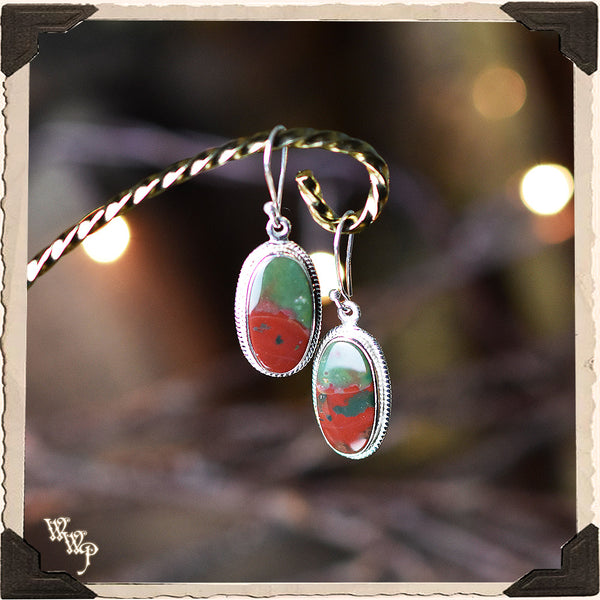 LIMITED EDITION : BLOODSTONE PENDANT EARRINGS. For Grounding, Healing & Generosity. Sterling Silver. (SKU:D2049) White Witch Parlour
