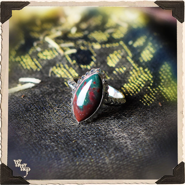 LIMITED EDITION : BLOODSTONE POINTED OVAL RING. For Grounding, Healing & Generosity. Sterling Silver. (SKU:D2374) White Witch Parlour