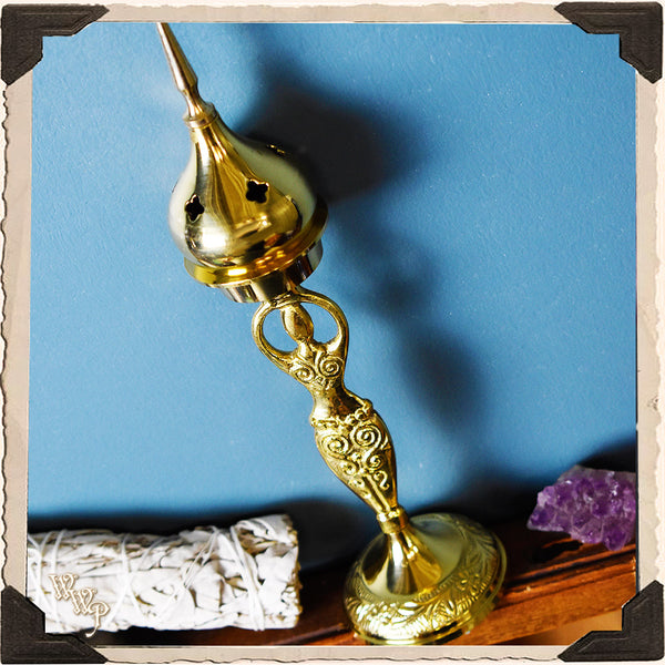 BRASS GODDESS INCENSE BURNER. Upright Cone Incense Holder. For Altar Decor