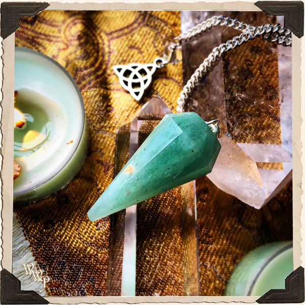 GREEN AVENTURINE CRYSTAL PENDULUM with Triquetra Charm. For Grounding & Prosperity. White Witch Parlour