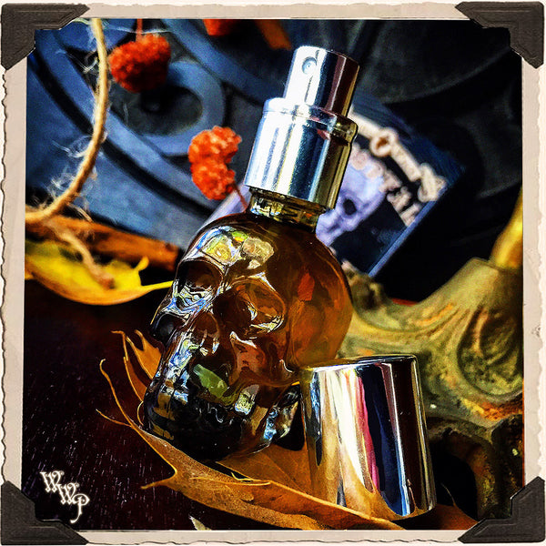 IMMORTAL SKULL POTION. All Natural 1/2oz. Pump Spray. Scent of Patchouli, Clove & Cinnamon. Blessed by Tiger's Eye, Moonstone & Amethyst Crystals. White Witch Parlour