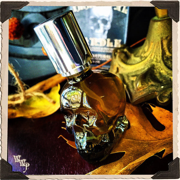 IMMORTAL SKULL POTION. All Natural 1/2oz. Pump Spray. Scent of Patchouli, Clove & Cinnamon. Blessed by Tiger's Eye, Moonstone & Amethyst Crystals. White Witch Parlour