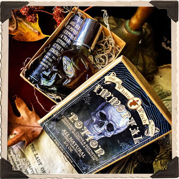 IMMORTAL SKULL POTION. All Natural 1/2oz. Pump Spray. Scent of Patchouli, Clove & Cinnamon. Blessed by Tiger's Eye, Moonstone & Amethyst Crystals. White Witch Parlour