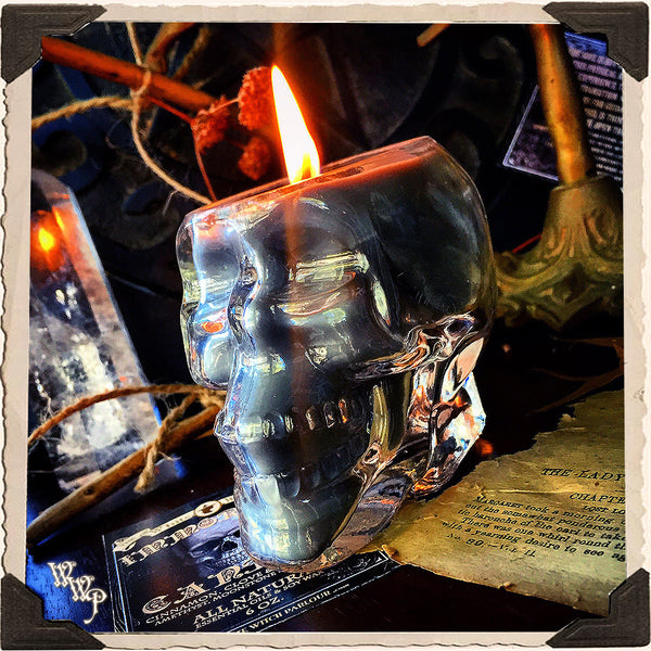 IMMORTAL Apothecary SKULL CANDLE 6oz. All Natural. Scent of Patchouli, Clove & Cinnamon. Blessed by Tiger's Eye, Moonstone & Amethyst Crystals.