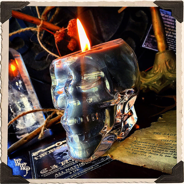 IMMORTAL Apothecary SKULL CANDLE 6oz. All Natural. Scent of Patchouli, Clove & Cinnamon. Blessed by Tiger's Eye, Moonstone & Amethyst Crystals. White Witch Parlour