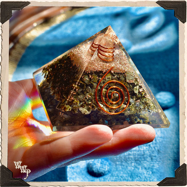 LARVIKITE ORGONE PYRAMID. With Clear Quartz Copper Coil For Spiritual Connections & Deep Wisdom. White Witch Parlour