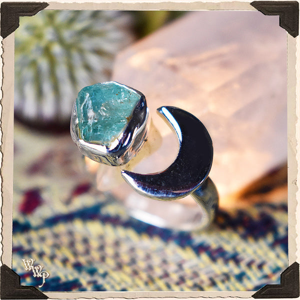 LIMITED EDITION : RAW BLUE APATITE 'MOON' RING. For Speaking Your Truth & Manifestation. Sterling Silver (SKU: MB33M) White Witch Parlour