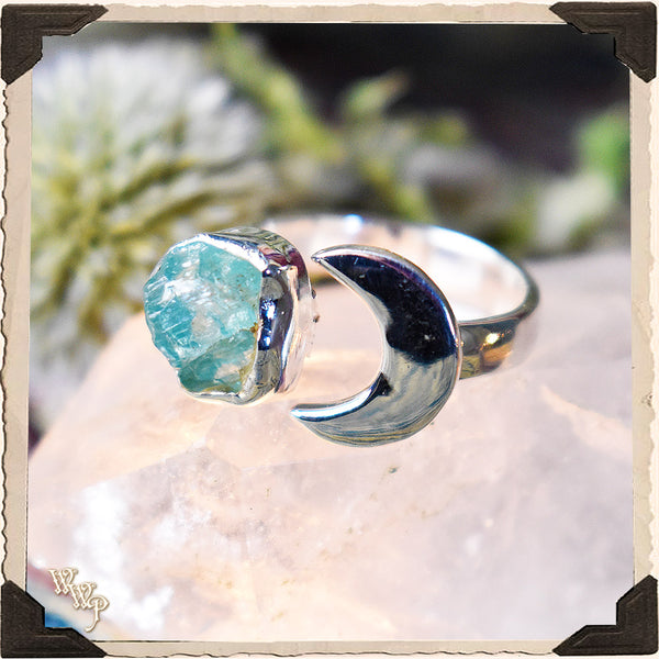 LIMITED EDITION : RAW BLUE APATITE 'MOON' RING. For Speaking Your Truth & Manifestation. Sterling Silver (SKU: MB33M) White Witch Parlour