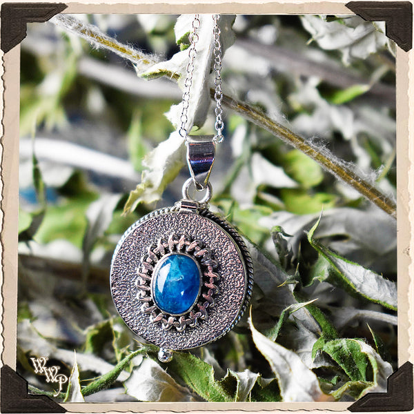 LIMITED EDITION : BLUE APATITE ROUND LOCKET NECKLACE. For Speaking Your Truth & Manifestation. Sterling Silver (SKU: MB33R)