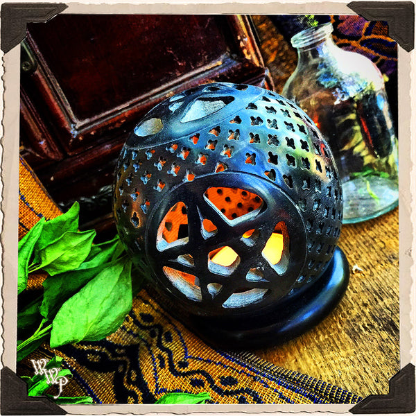 BLACK PENTACLE CANDLE HOLDER GLOBE. Carved Soapstone. Cone Incense Burner. White Witch Parlour