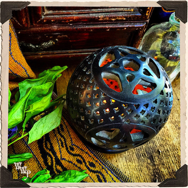 BLACK PENTACLE CANDLE HOLDER GLOBE. Carved Soapstone. Cone Incense Burner. White Witch Parlour