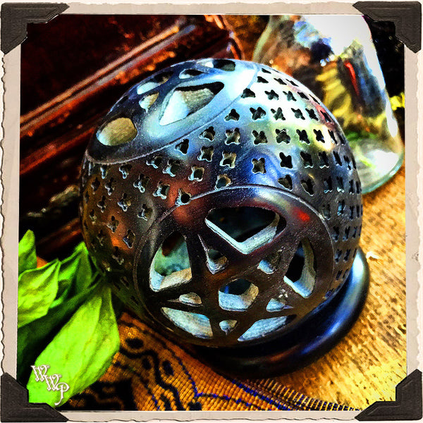 BLACK PENTACLE CANDLE HOLDER GLOBE. Carved Soapstone. Cone Incense Burner. White Witch Parlour