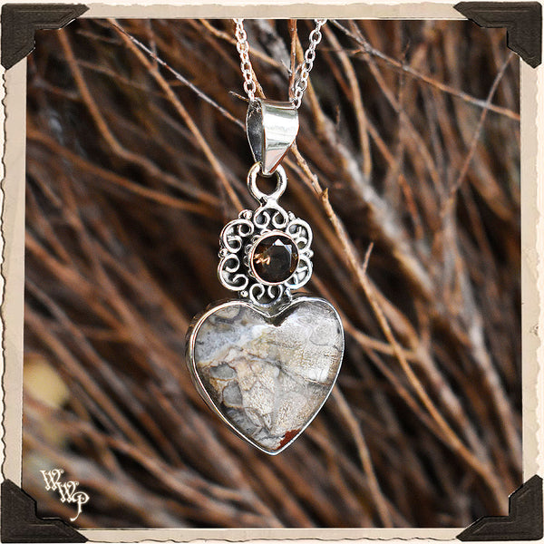 LIMITED EDITION :  MUSHROOM RHYOLITE & SMOKY TOPAZ HEART NECKLACE. For Detoxing, Grounding & Passion. White Witch Parlour