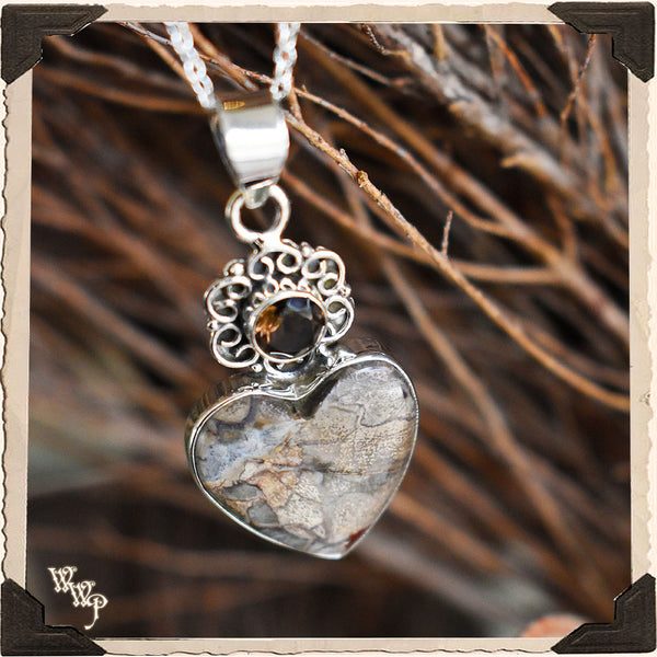 LIMITED EDITION :  MUSHROOM RHYOLITE & SMOKY TOPAZ HEART NECKLACE. For Detoxing, Grounding & Passion. White Witch Parlour