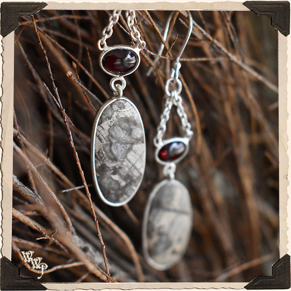 LIMITED EDITION : MUSHROOM RHYOLITE & GARNET DANGLE EARRINGS. For Detoxing, Grounding & Passion.